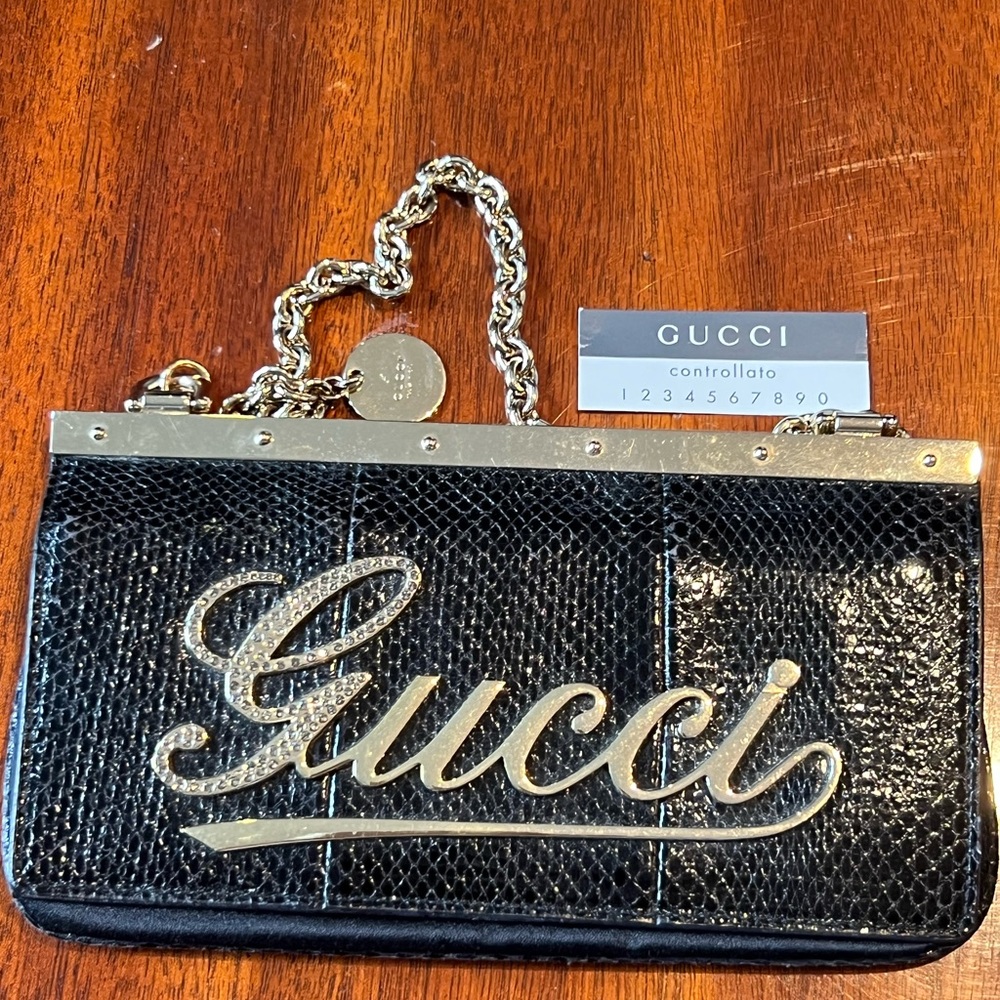 Authentic Rare Gucci Python and Satin Evening Bag with Crystal G accent